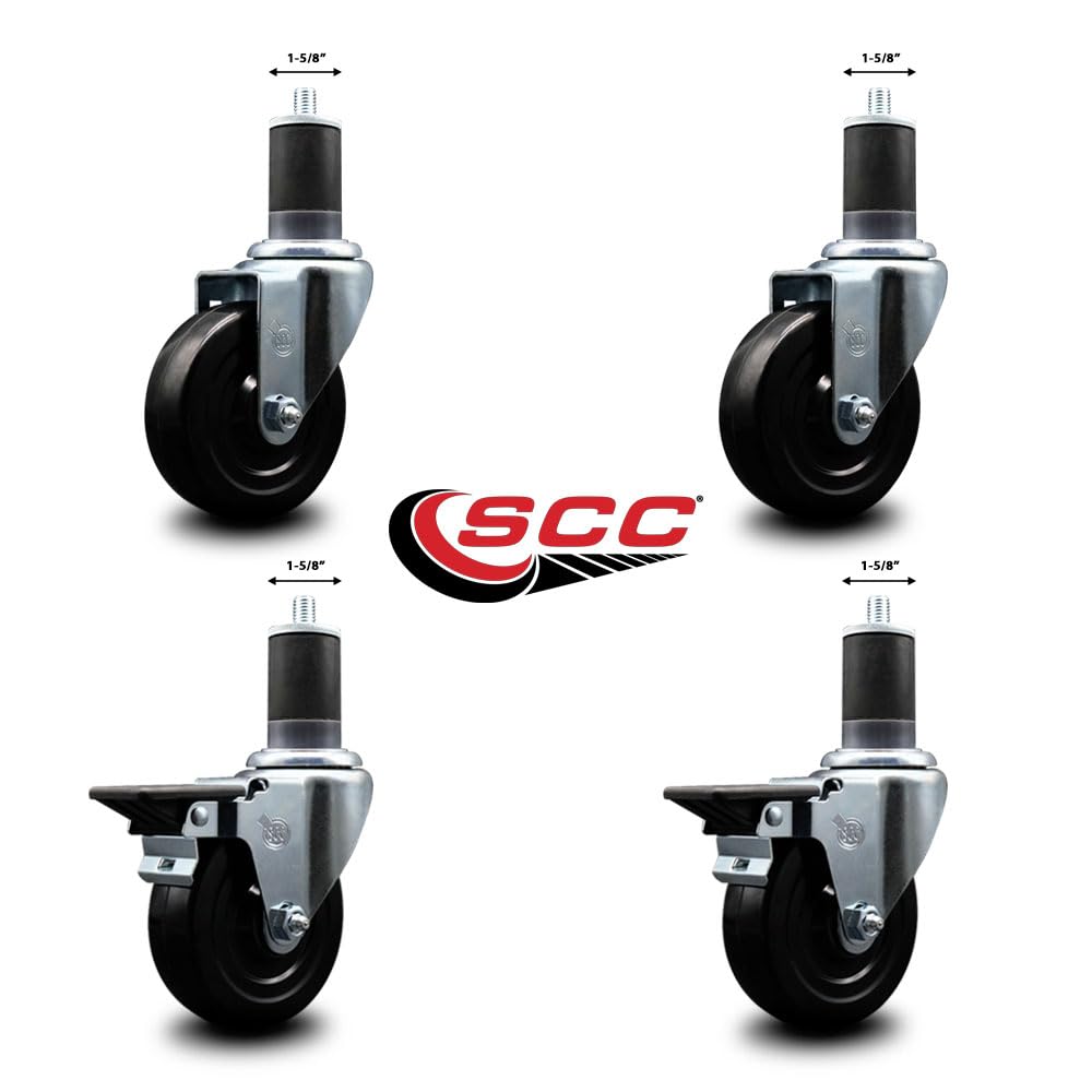 Soft Rubber Swivel Expanding Stem Caster Set of 4 with 4 Inch Black Wheels and 1-5/8