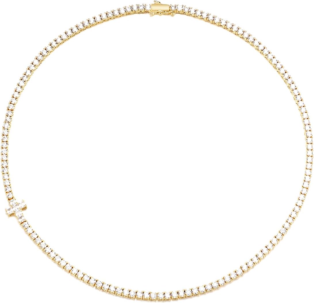 BREN Tennis Necklaces for Women - Gold Plated Cross Necklace Tennis Chain - 3.0mm AAAAA Cubic Zirconia Tennis Necklace for Women Men 16-20inch