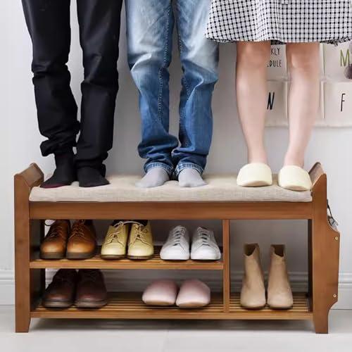 Étagère à chaussures en bambou type banc avec coffre de rangement secret - 2