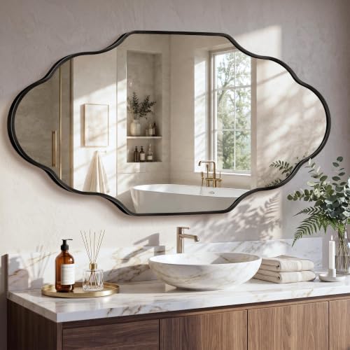 Image of Scalloped Black Bathroom Mirror, Irregular Wall Decorative Mirror | Brushed Metal Frame, HD Glass Decorative Mirror for Wall Decor, Vanity Mirror for Living Room Entryway (24 inch x 36 inch, 2 Pack)