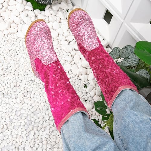 Girls Glitter Sequin Boots High Top Western Boots Sparkly Chunky 𝐋ow Heel Fashion Non-Slip Toddler Shoes Winter2