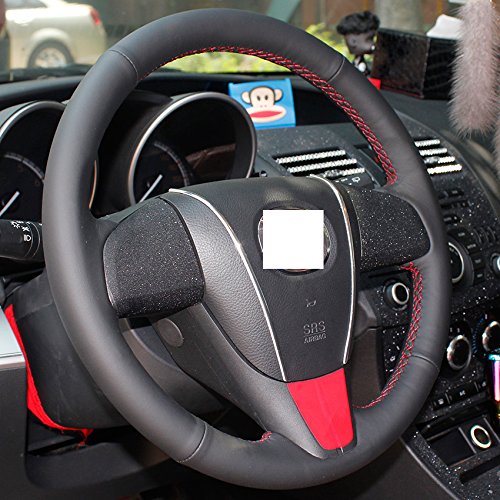 Ablee Superior Microfiber Leather Steering Wheel Cover For 2010-2013 Mazda 3/2011 2012 2013 Mazda 6/2012 2013 2014 2015 Mazda 5/2011-2013 Mazda Cx-7/2010-2015 Mazda Cx-9 (Black Leather Red Thread) #TOP1