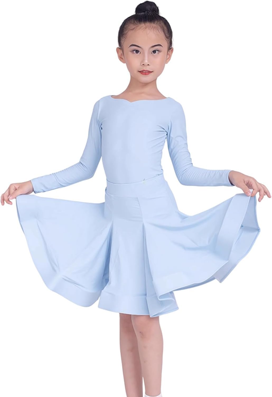 2025 Abito da Ballo Latino per Ragazze, 2 Pezzi con Scollo A V Diviso, Manica Lunga, Abbigliamento da Ballo, Gonna A Pieghe Grande A Pieghe per Salsa, Rumba, Cha Cha, Samba, Tango, Blue B, XXL
