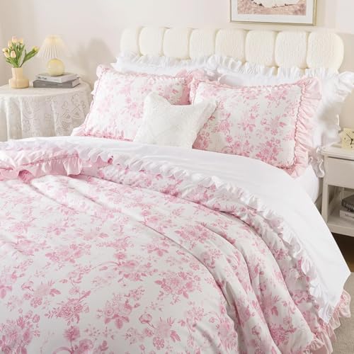 Image of USTIDE Ruffled Edge Botanical Bedding Duvet Cover Set, Pink Vintage Toile Floral Print, 100% Cotton Soft Breathable Peony & Rose, Double Size