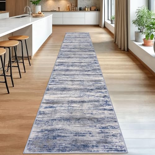 KOZYFLY Modern Abstract Washable Rug Runner 2.6x16 Hallway Rug Runner Non-Slip Soft Kitchen Runner Rugs, Distressed Grey-Blue Striped Carpet for Entryway Bathroom Laundry Room Foyer