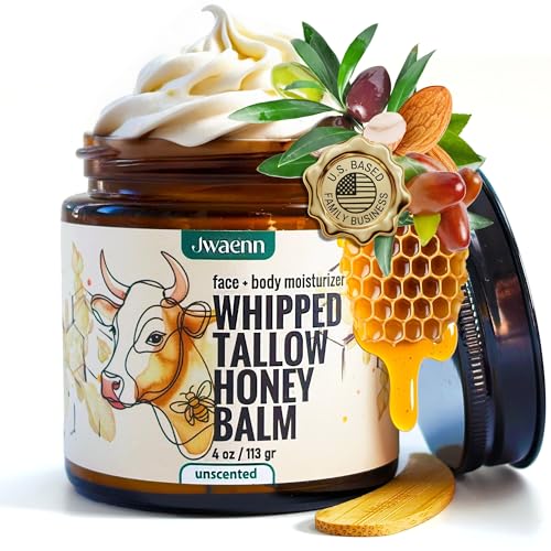 Beef Tallow for Skin – Whipped Tallow and Honey Balm, Grass Fed Beef, Face Moisturizer for Dry and Sensitive Skin, Natural and Nourishing Body Butter, 4 oz