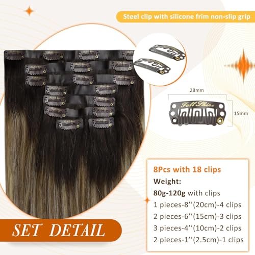 Image of Full Shine Seamless Clip in Hair Extensions, Dark Brown to Caramel Balayage | Remy Human Hair, 14 Inch 120g 8 Pcs, Invisible PU Weft, Thick Ends, Short-Length Volume, Full-Head Styling, Daily Wear