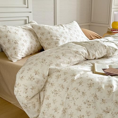 Bulutu Garden Floral Duvet Cover Queen Size Cotton Soft Beige Flowers Reversible Comforter Cover With Zipper Closure Aesthetic Cottage Bedding Sets For Adults Women Girls thumb #2