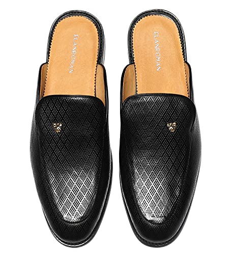 Image of ELANROMAN Men's Backless Loafers Black Genuine Leather Mules Slippers Slip on Shoes