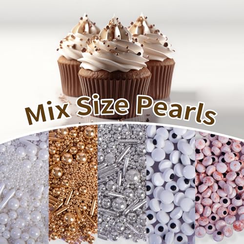 Image of Edible Cake Decorations Set - Sugar Pearls, Nonpareils & Candy Eyes, Baking Sprinkles for Wedding, Birthday & Party, Assorted Colors (White, Red, Pink, Blue) (White Party)