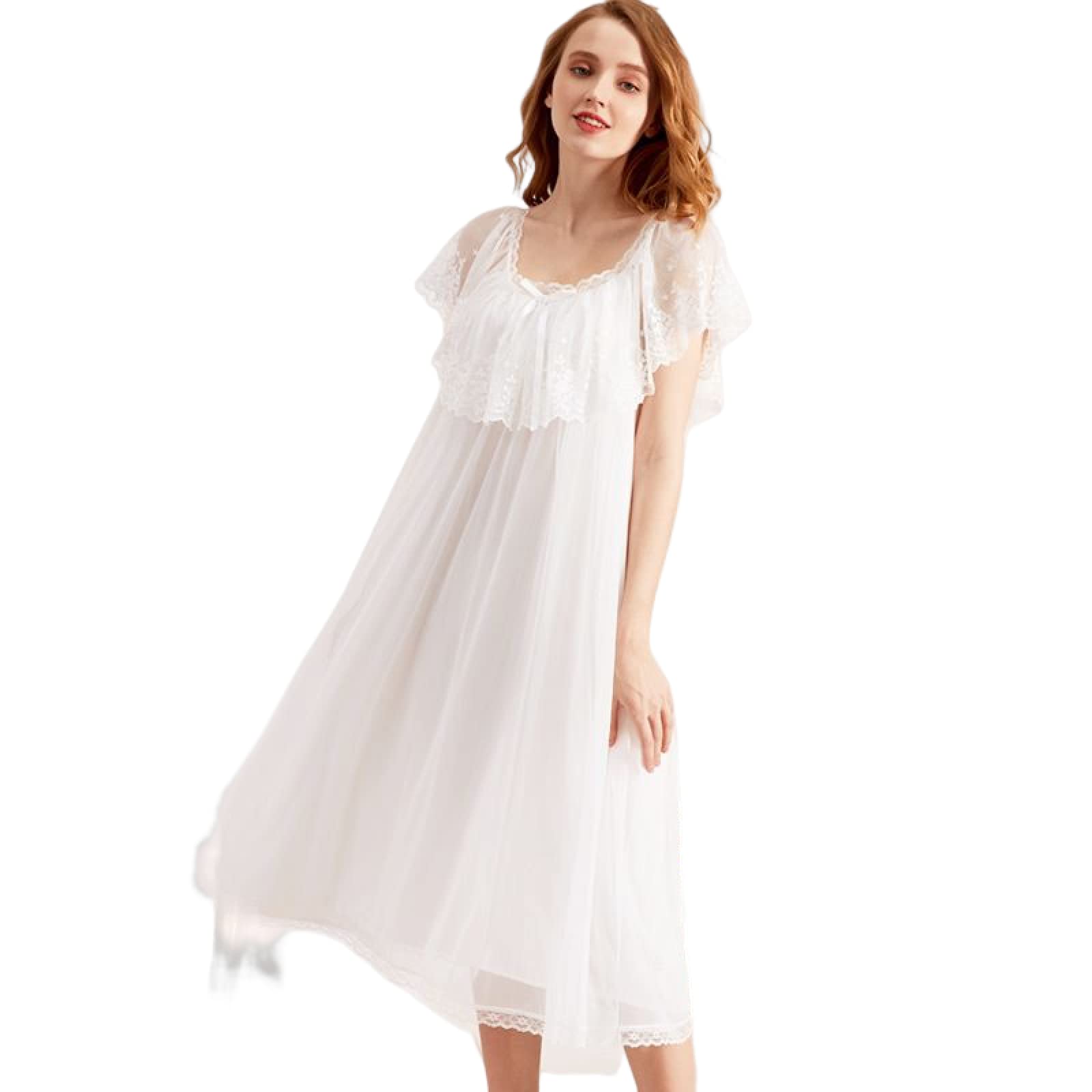 OFFSUM Camicia da Notte Donna - Camicia da Notte da Principessa con Fiocco in Pizzo di Media Lunghezza con Collo Quadrato Estivo Abito da Lingerie Sexy per La Casa in Tinta Unita di Grandi Dimensioni
