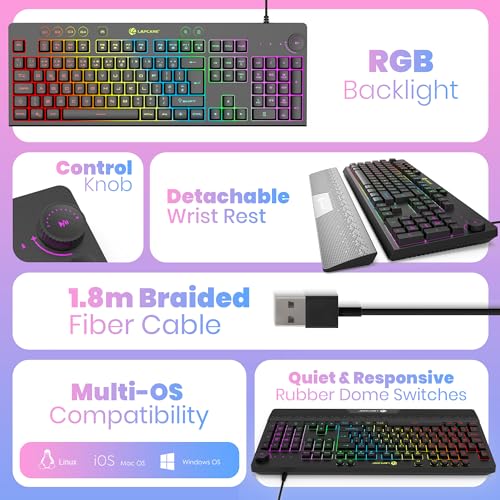 Image of Lapcare Thunder USB Gaming Keyboard, LIGHTSYNC RGB Backlit Keys, Spill-Resistant, Anti-Ghosting, Customizable Keys, Dedicated Multi-Media Keys - Black (LGK-111)