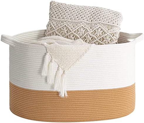 INDRESSME Large Woven Rope Laundry Basket, Throw Blanket Basket for Living Room, Nursery Decorative Basket for Towels, Pillows, Toy Storage Bin, 23.6 x 17.7 x 13.7 inches