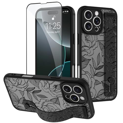 OOK Rose Flower Case for iPhone 16 Pro Max with Finger Strap, Black