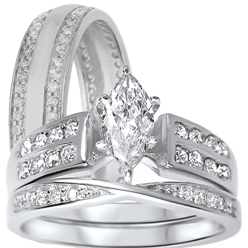 His & Her Silver Wedding Rings Set TRIO Couples Engagement Rings for Bride Groom Men & Women