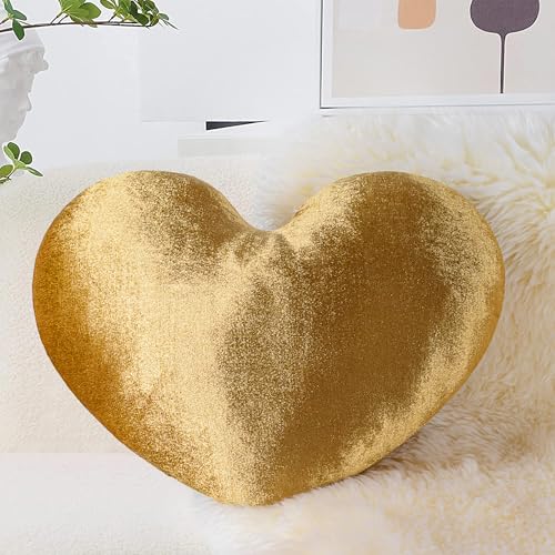 AELS Heart Shaped Pillow, 17.7 Inches Heart Decorative Throw Pillows, Velvet Love Cute Pillows, Valentines Day Decorations, Wedding Decor, Living Room Bedroom Nursery Decor, Golden