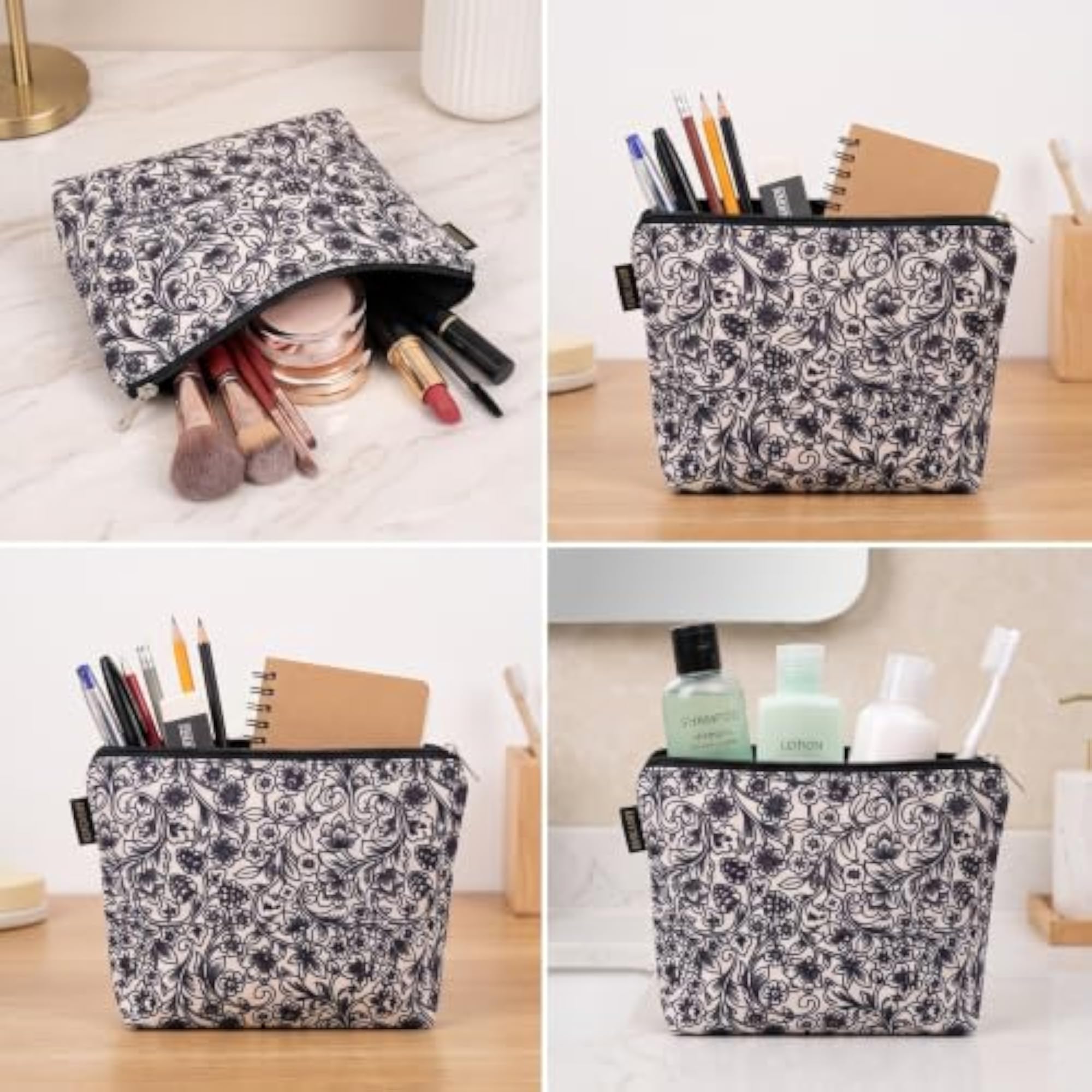 Black & White Floral Printed Canvas Travel Pouch
