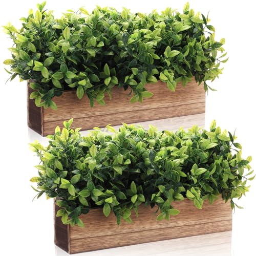 Lyrow 2 Pack Artificial Eucalyptus Plant in Rectangular Rustic Wooden