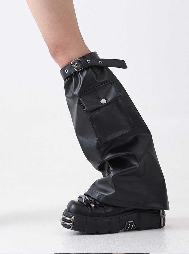 Gothic Leg Warmers for Women Black PU Leather Pocket Flared Leg Cover Halloween Socks
