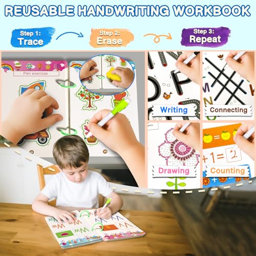 Image of Handwriting Tracing Book - Pen Control Practice Training Books Kit, 296 Reusable Pages with Dry Erase, Alphabet | Count | Draw with Dots, Preschool Learning Activities 4-Stage Workbooks