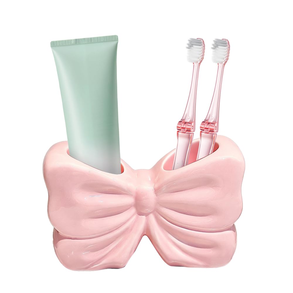 Bow Toothbrush Holder, 2-Slot Countertop Organizer Decorative Bathroom Accessory for Toothpaste & Toothbrush