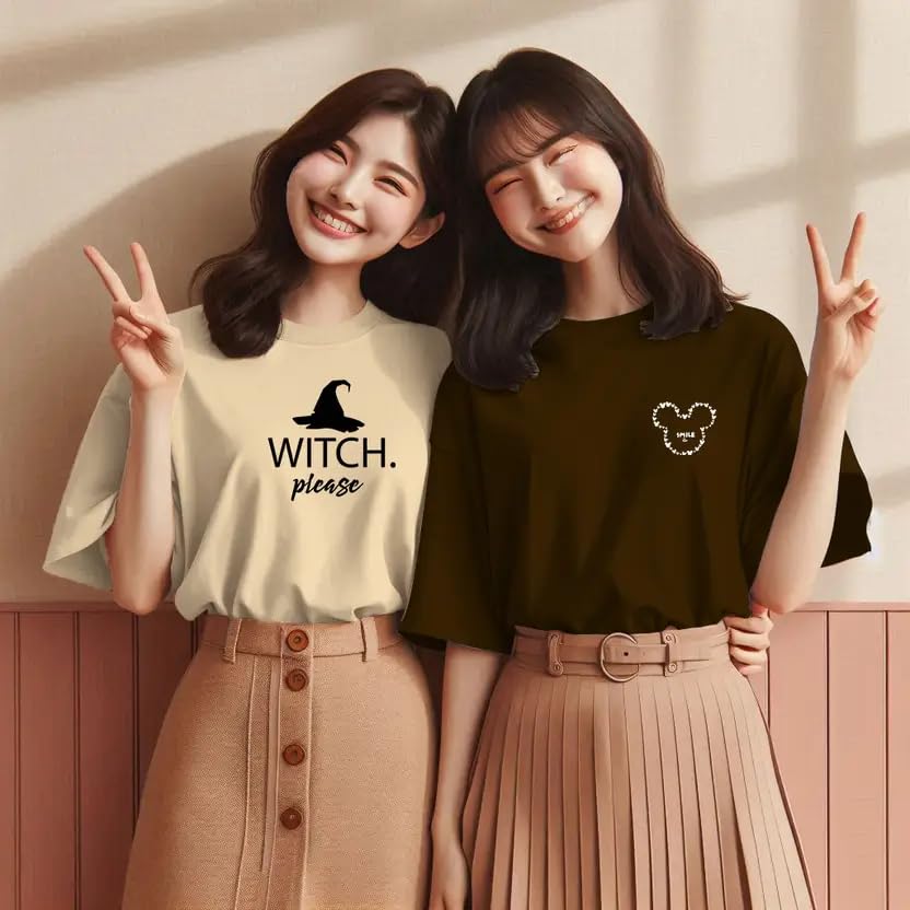 Image of Cotton Blend Drop Shoulder Oversized Baggy Fit Half Sleeve Printed Solid Round Neck T-Shirts Combo for Women & Girls | Pair of 2 T-Shirts |