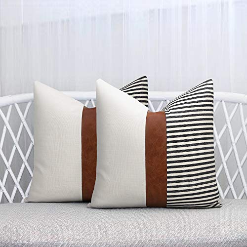 Cygnus Set Of 2 Farmhouse Decor Stripe Patchwork Linen Throw Pillow Covers,Modern Tan Faux Leather Accent Pillow Covers 18X18 Inch,Black #TOP2