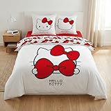 Aymax Parure de Lit Double Hello Kitty Bow, 2 Personnes, Housse de Couette Réversible 240x220 cm + 2 Taies d'oreiller 65x65 cm, Blanc