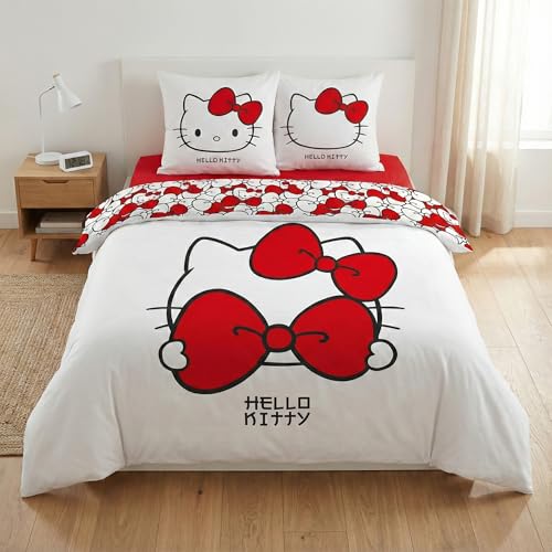 Aymax Parure de Lit Double Hello Kitty Bow, 2 Personnes, Housse de Couette Réversible 240x220 cm + 2 Taies d'oreiller 65x65 cm, Blanc