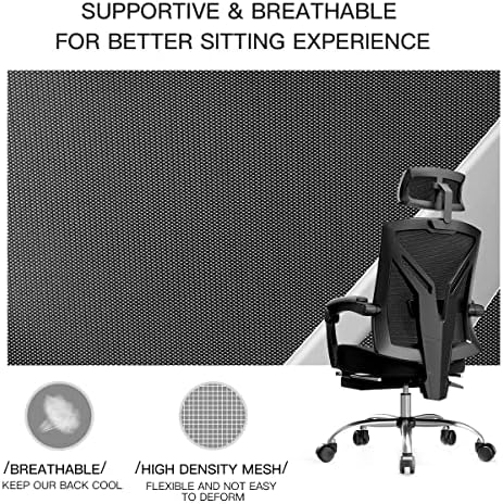 Hbada Ergonomic Office Recliner Chair with Footrest, High-Back Desk Chair with Lumbar Support, Height Adjustable Seat, Headrest, Breathable Mesh Back, Soft Foam Seat Cushion, Black