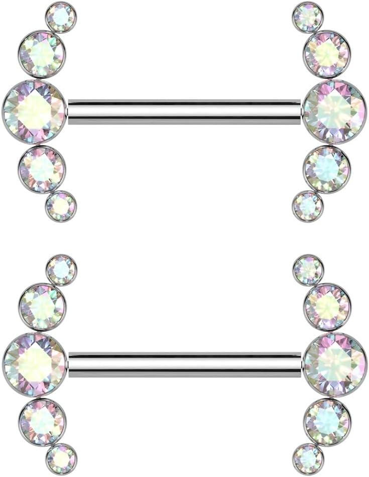 Pierced Owl 14GA ASTM F-136 Implant Grade Titanium Threadless Push-In Curved CZ Crystal Ends Nipple Barbells, Sold as a Pair