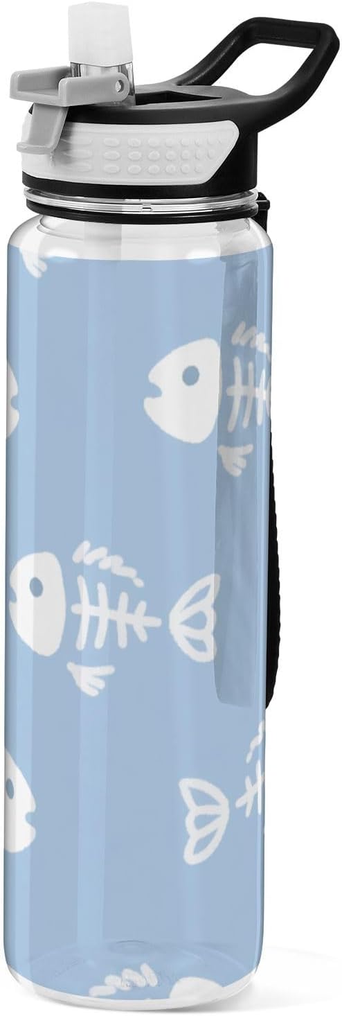 32oz Cartoon Fish Bone Blue Water Bottle with Carry Tritan BPA Free Lead non toxic Plastic Water Bottles for Travelling Portable