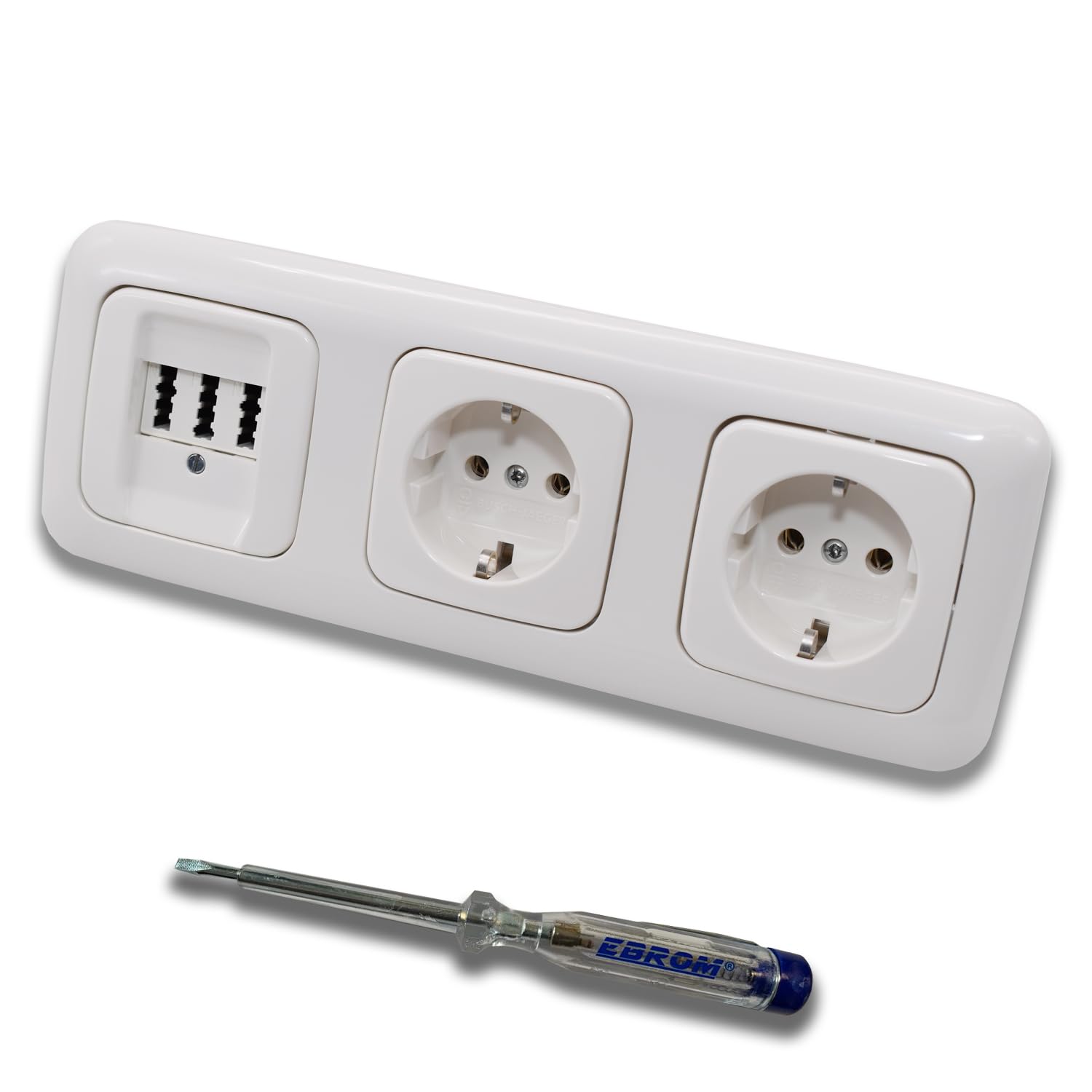 Busch Jäger Set Flush-Mounted Telephone Socket by EBROM, TAE 3x6 NFN for 1 Telephone and 2 Additional Devices in ReflexSi Alpine White, Frame and 2 x Sockets 20EUC-214 Including EBROM Phase Tester for