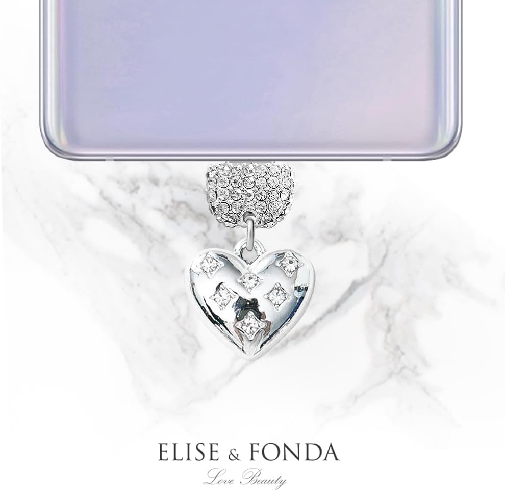 ELISE & FONDA TP260 Type-C Charging Port Crystal Anti Dust Plug Little Love Heart Cell Phone Charm for Samsung/Huawei/OnePlus/Xiaomi/oppo Android Phone iPhone 15/16 (White)