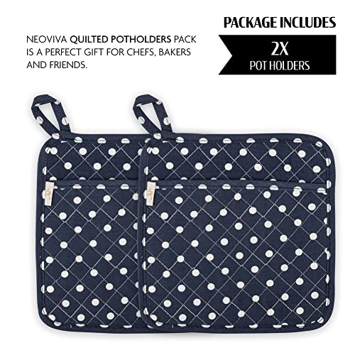Neoviva Quilted Pot Holders Heat Resistant With Pocket For Easy Grip, 8”X8” Hot Pot Holder Set Of 2 In Everyday Kitchen, Polka Dots Crown Blue #TOP1