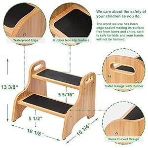 StrongTek Wooden 2 Step Stools for Kids, Toddler with Non-Slip Stepping Surface, Portable Stool with Handles for Bathroom Kitchen and Bedroom, 400 lbs Capacity (Natural) StrongTek Wooden 2 Step Stools for Kids Toddler with Non Slip Stepping Surface Portable Stool with Handles for Bathroom Kitchen and Bedroom 400 lbs Capacity Natural