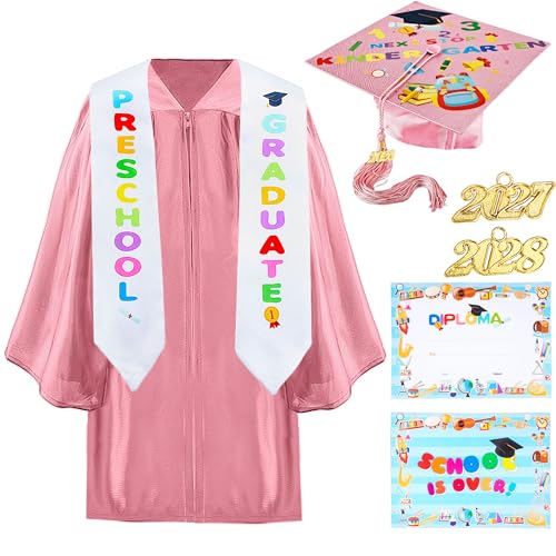 Restroma Preschool Graduation Gown and Cap with Tassel Printed Graduation Stoles Certificate Shiny Graduat Gown for Kindergarten (Pink Size 36 (131-138 cm))