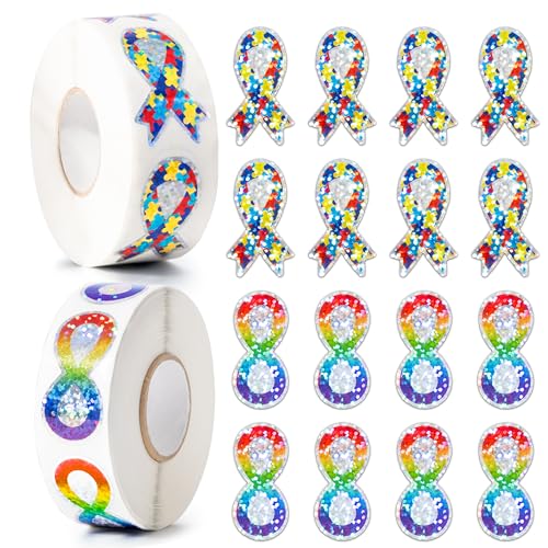 BeYumi Autism Awareness Roll Stickers - 1000Pcs Puzzle Pieces Ribbon Holographic Stickers in 2 Rolls Sparkly Glitter Infinity Symbol Decals for Laptop Notebook Bottle Luggage Gift Decor for Kids Teen