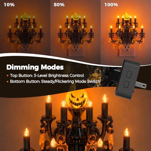 Image of Briignite Halloween Chandelier Night Lights Plug into Wall, Amber Flickering Flame LED Nightlight with Auto Light Sensor, 3-Level Dimmable, 180 Rotatable Plug, Halloween Decor for Bedroom Hallway