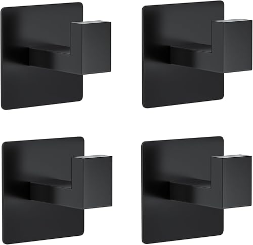 Paquete de 4 ganchos adhesivos negros mate para baño y cocina, ganchos resistentes de acero inoxidable para toallasbatas, sin daños, montaje sin