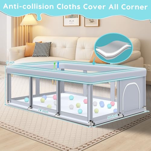 Image of Fshibila 74 inch x50 inch Large Baby Playpen, Baby Playard for Babies and Toddlers, PlayPen for Indoor & Outdoor, Sturdy Safety Play Yard with Soft Breathable Mesh, Anti-Fall, Ball x 18, Handle x 2, Grey
