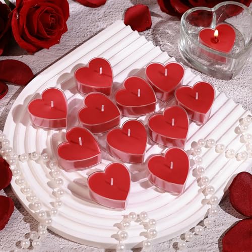 Rote Herzförmige Teelichter 12 Stücke Romantische Kleine Kerzen aus Pflanzenwachs 4h Brenndauer Perfekte Herz Deko für Valentinstag Heiratsantrag Hochzeit & Party