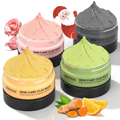 SHVYOG 4Pcs Face Mask Set – Turmeric Clay Mask, Vitamin C, Green Tea, Rose, Dead Sea Mud Mask, Skin Care Mask for Deep Cleansing, Refining Pores, Stocking Stuffers for Women, Gifts for Women- 240g