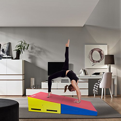 Matladin Folding Gymnastics Cheese Wedge Incline Mat, Gym Fitness Tumbling Skill Shape Mat For Kids Girls Home Training Exercise (55"X28"X14", Red+Yellow+Blue) #TOP1