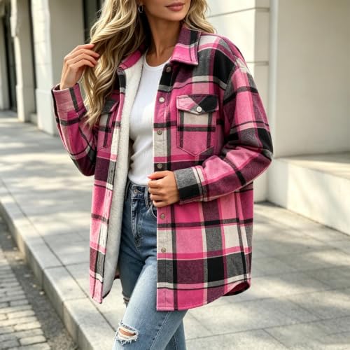 fartey Lined Plaid Jacket Women Flannel Fleece Shacket Button Down Outfit - image 6