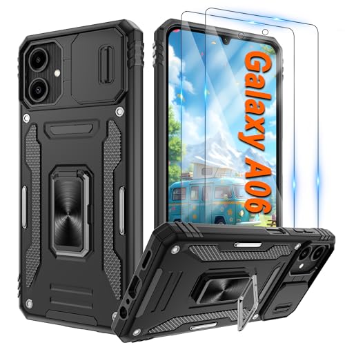 Pilaru Handyhülle für Samsung Galaxy A06 5G Hülle mit 2 Stück Schutzfolie Schiebe-Kameraschutz Militär Case 360 Drehhalter Ring Stoßfestes Cover A 06 Handy Hüllen Schwarz