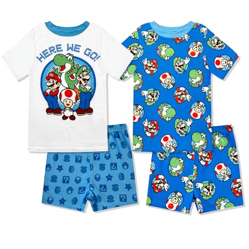Super Mario Boys Pajama Set - 4 Piece Short Sleeve & Shorts Pajama Set Soft Snug-Fit Kids Summer Pajamas - Official License