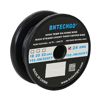 BNTECHGO 24 Gauge Silicone wire spool 500 ft Black Flexible 24 AWG Stranded Tinned Copper Wire