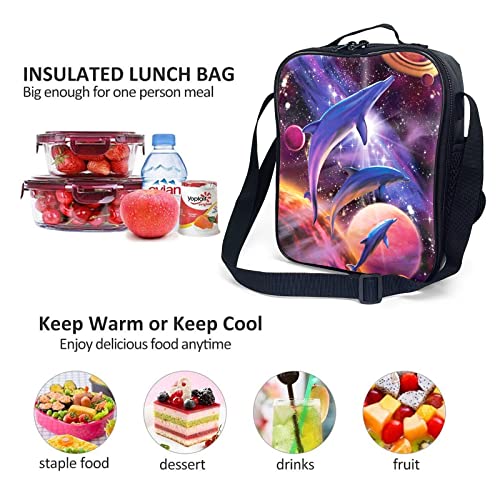 Kids Lunch Box, Insulated Lunch Bag For Girls&Boys, Purple Galaxy Dolphin Lunch Bag With Shoulder Strap, School Bento Lunch Box For Kids Toddlers Teens, Black Reusable Cooler Thermal Meal Tote Kit #TOP2