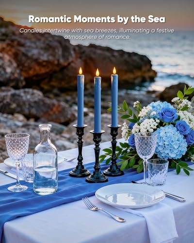 Image of Homemory 3 Pcs Waxy Blue Flameless Taper Candles with Remote Timer, LED Fake Candlesticks, 9.6 Inches Battery Tall Candle with 3D Flickering Flame for Wedding, Dinner, Christmas Anniversary Decor